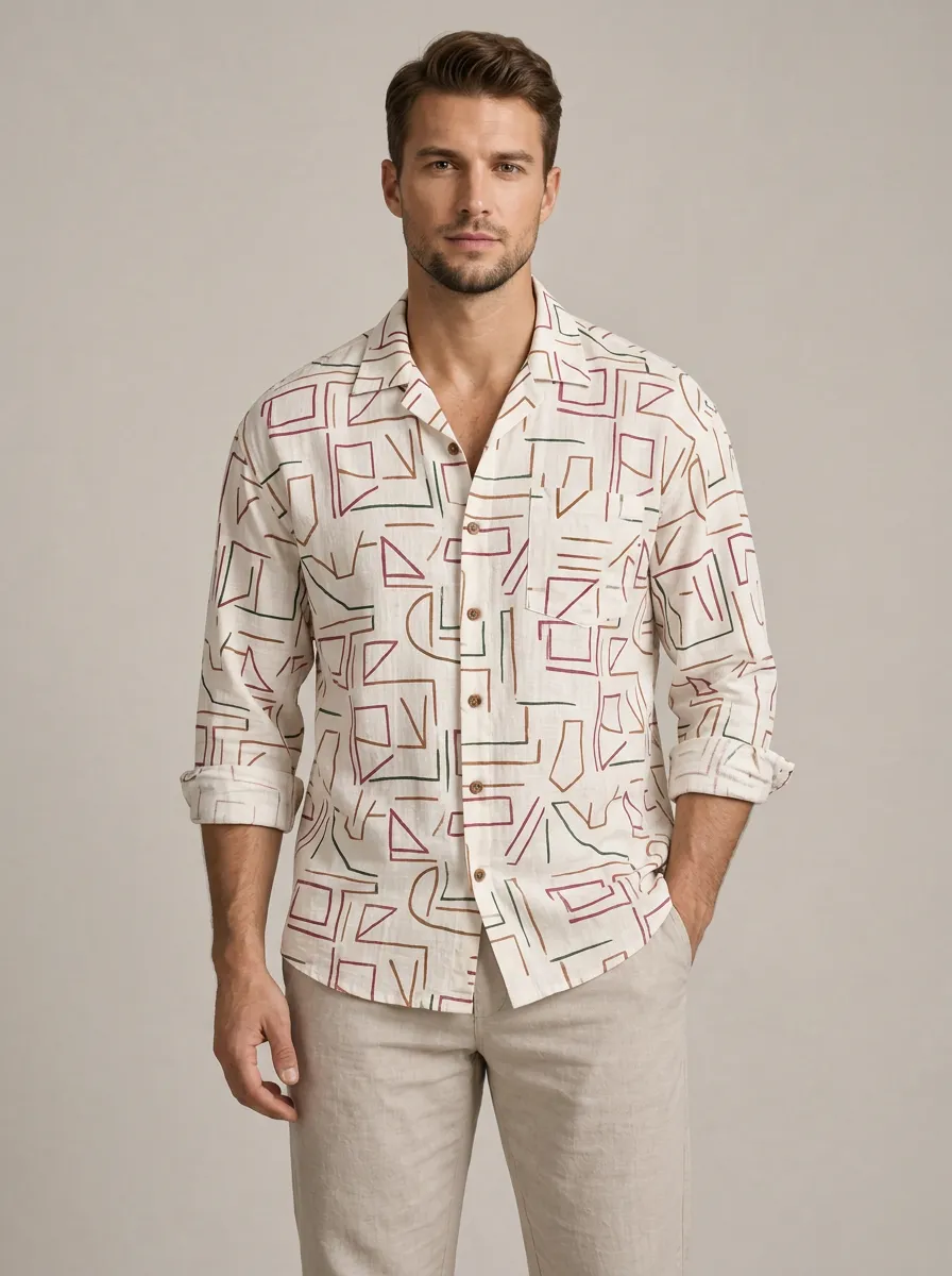 Men's Linen Geometric Abstract Printed Shirt