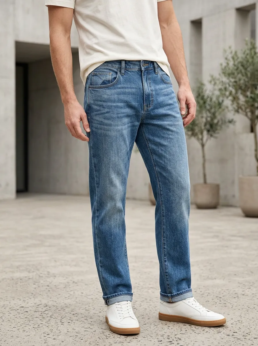 Men's Casual Vintage Wash Straight Leg Denim Jeans