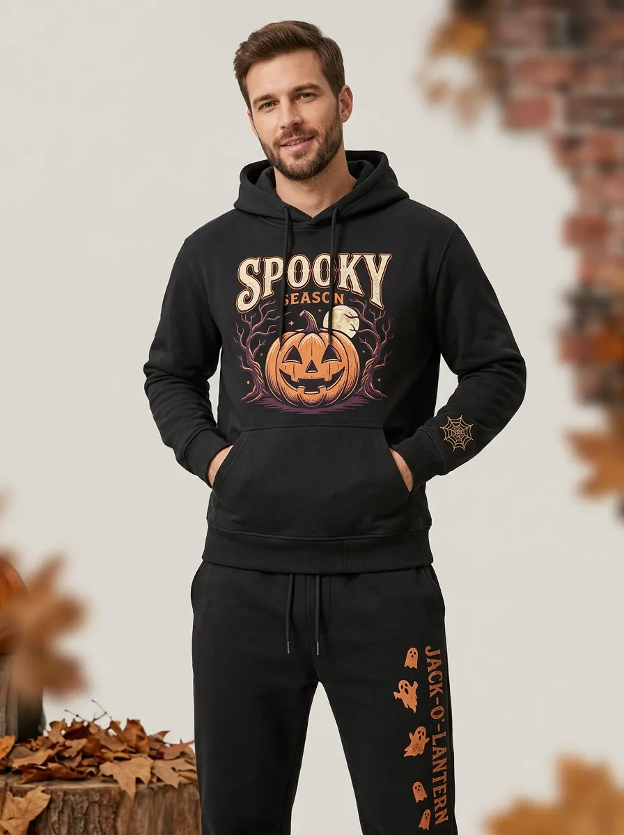 Men's Halloween Black Spooky Season Pumpkin Spiderweb-Sleeve Hoodie Jogger Set