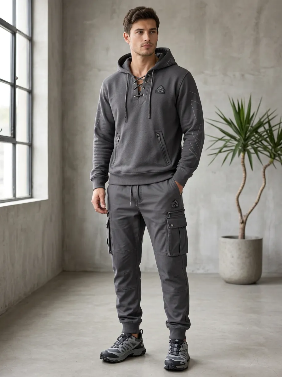 Streamlined Lace-Up Multi Pocket Heritage Look Men's Lace Up Hoodie And Cargo Jogger Set