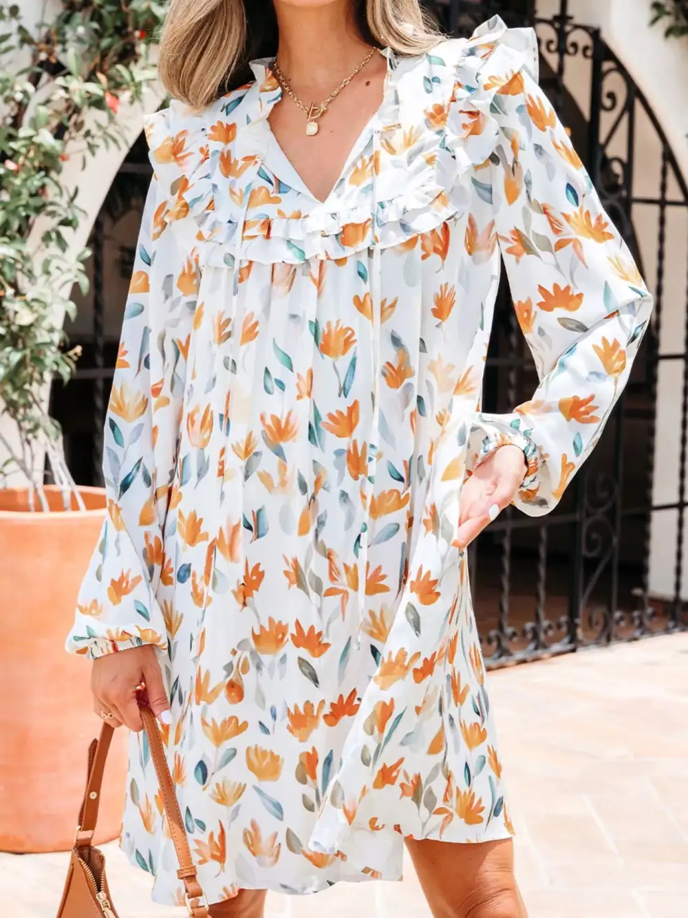 Layered Detail Floral Printed Ruffle Mini Dress