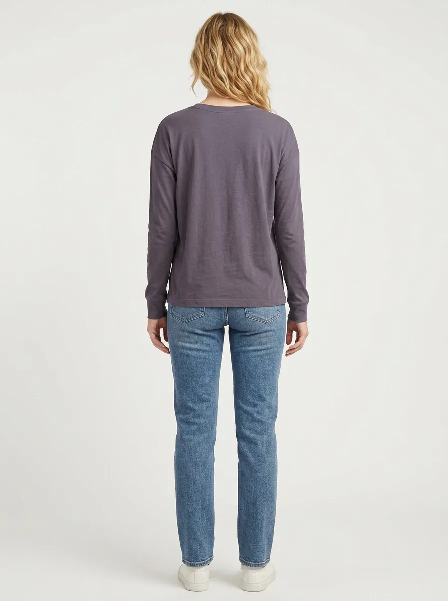 Women's Charcoal V-Neck Long Sleeve Tee with High-Low Hem