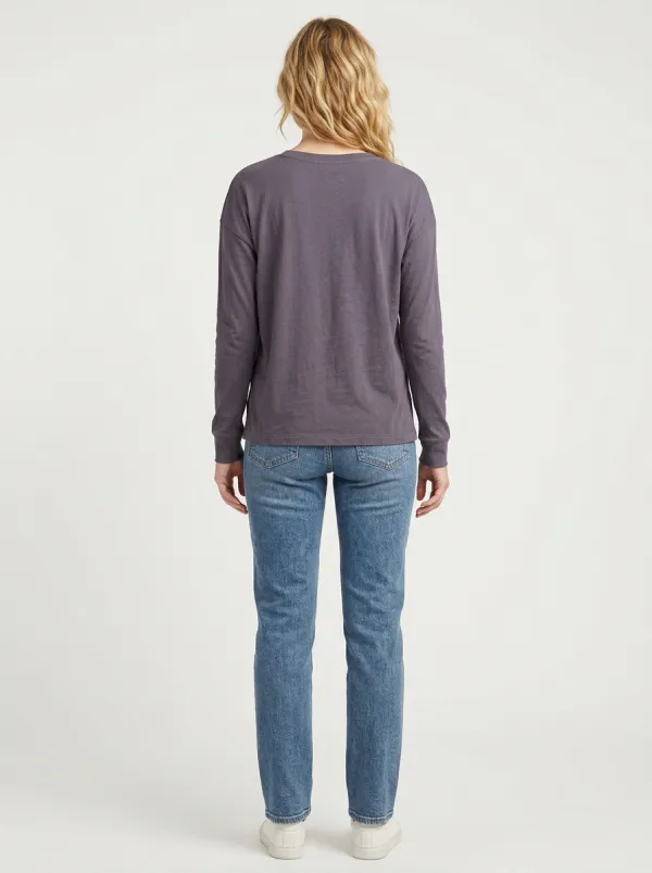 Women's Charcoal V-Neck Long Sleeve Tee with High-Low Hem