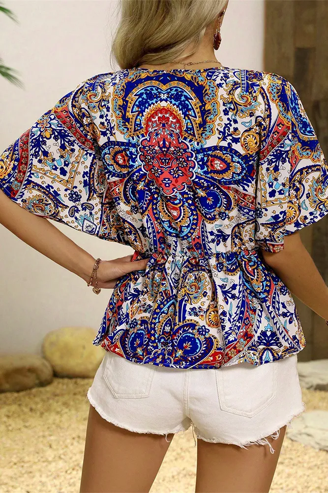 V Neck Elastic Waist Printed Blouse