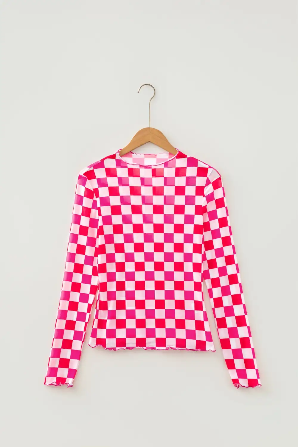 Checkered Print Mesh Stretch Fabric Long Sleeve Blouse