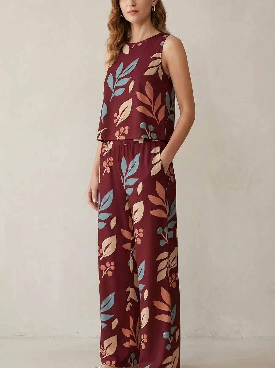 Women's Botanical Berry Print Sleeveless Top And Wide-Leg Trouser Lounge Set