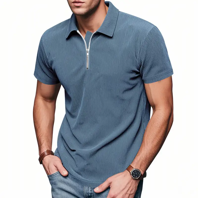 Ribbed Zip Front Short Sleeve Polo Shirt