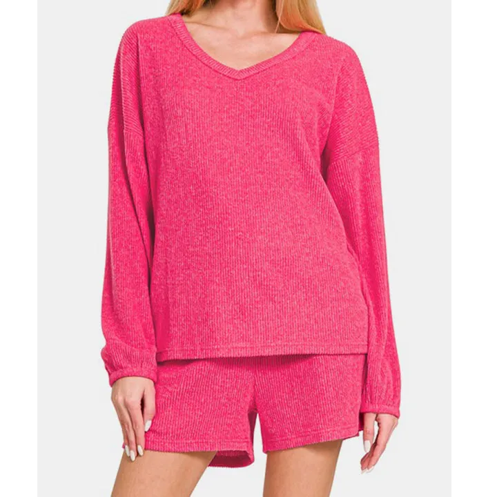 V Neck Long Sleeve Ribbed Top and Shorts Set