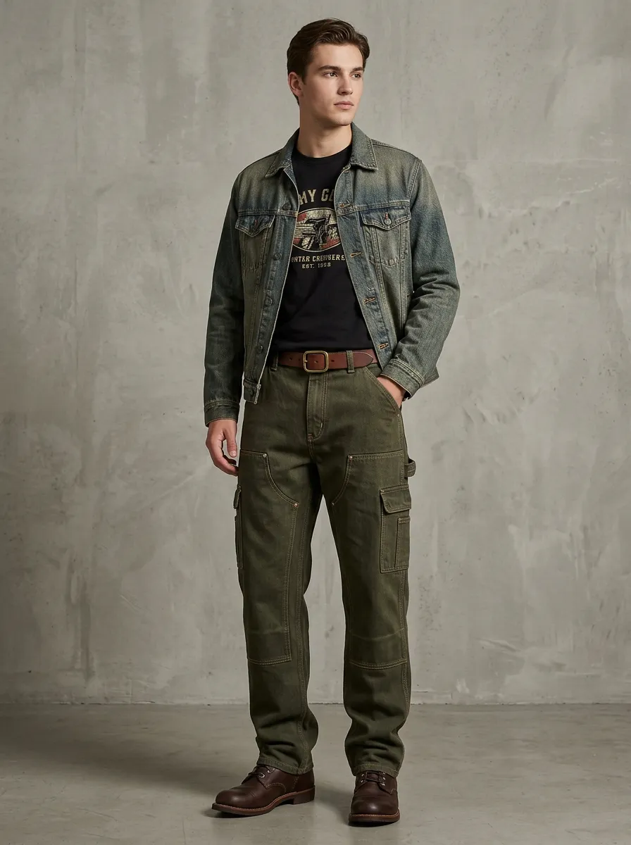 Men's Vintage Style Olive Cargo Denim Pants
