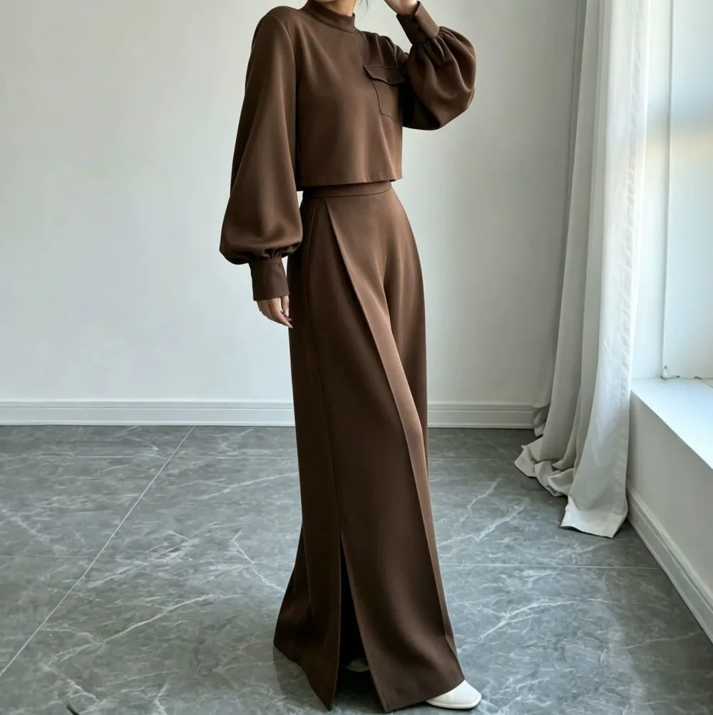 Wide-Leg Long-Sleeve Knit Women's Matching Set