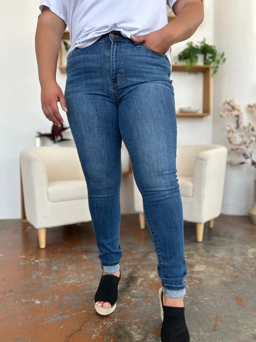 Cuffed Hem Skinny Denim Jeans