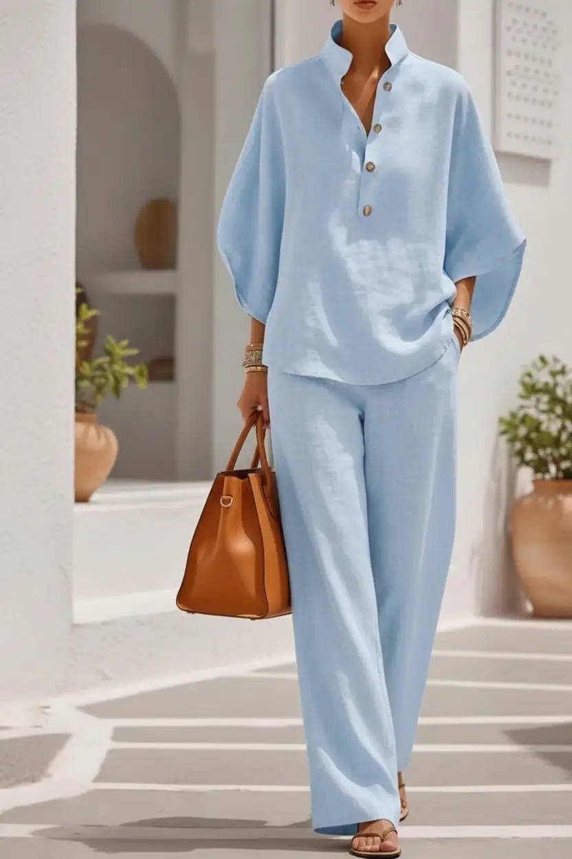 Long-Sleeve Linen Checked Women's Matching Set