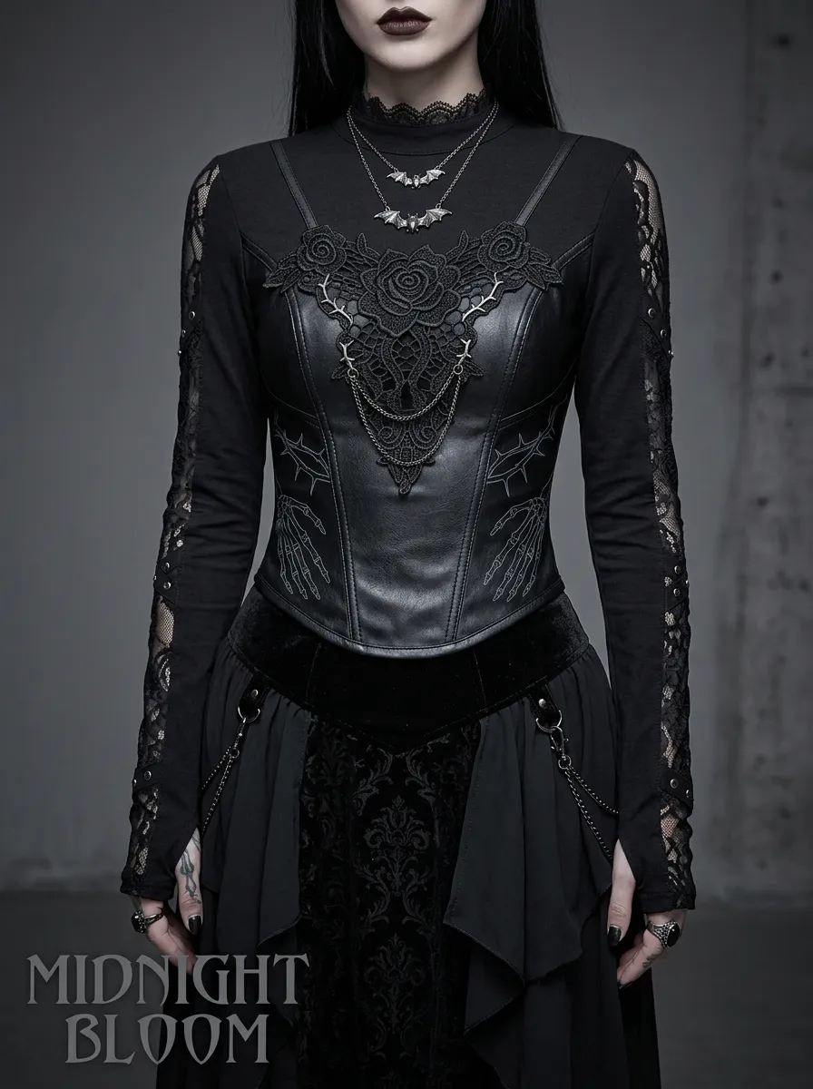 Women's Gothic Rose Skeleton Lace Printed Long Sleeve Top