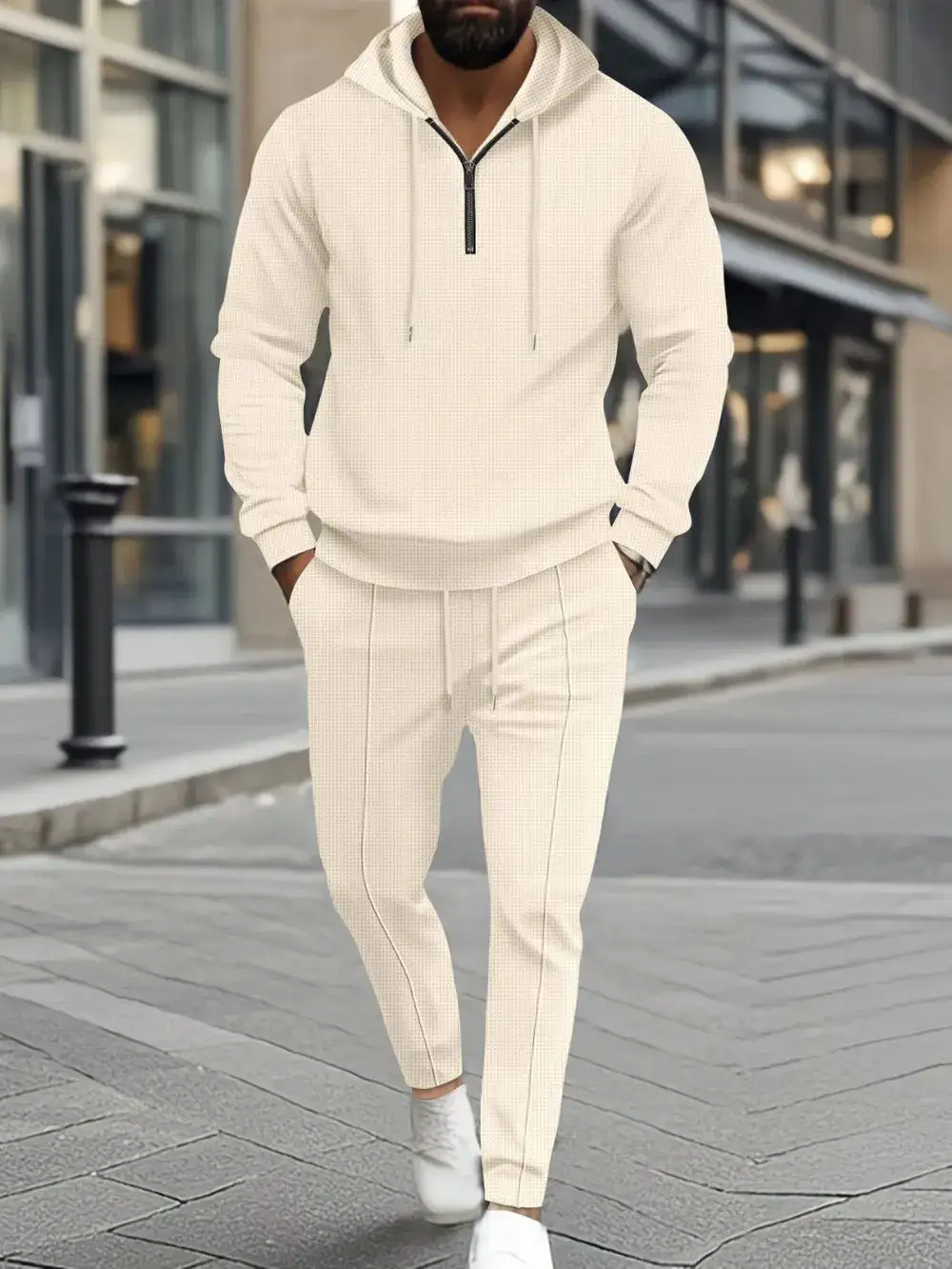 Waffle-Knit Half-Zip Hoodie and Pants Sport Set