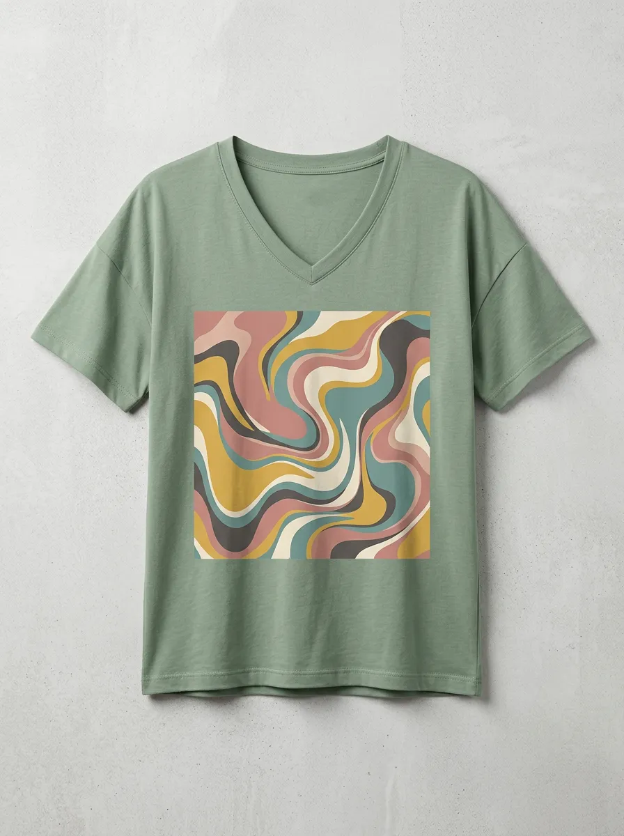 Women's Retro Aesthetic Abstract Swirl Printed V-Neck T-Shirt Relaxed Design