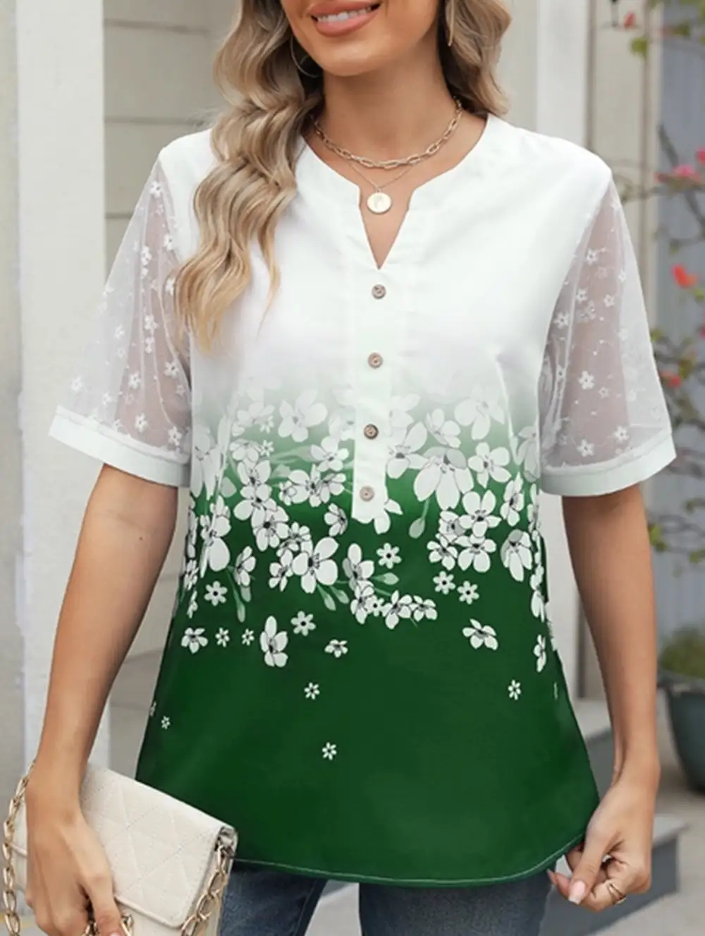 Printed Lace Detail Blouse
