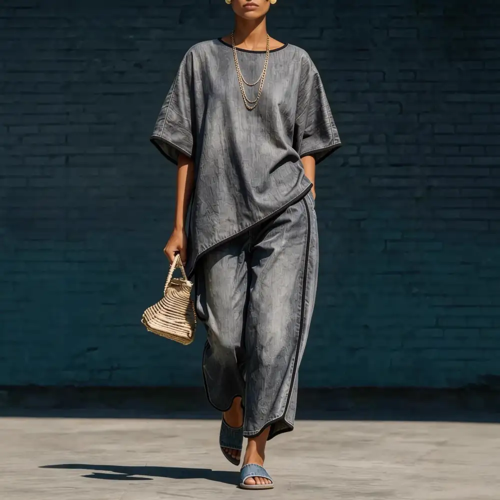 Wide-Leg Denim Knit Women's Matching Set