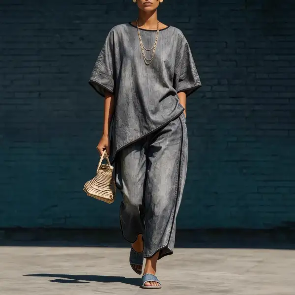 Wide-Leg Denim Knit Women's Matching Set