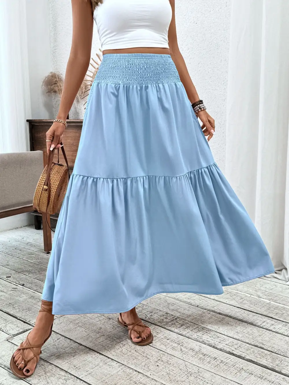 Tailored Smocked Ruffle Trim Detail Skirt