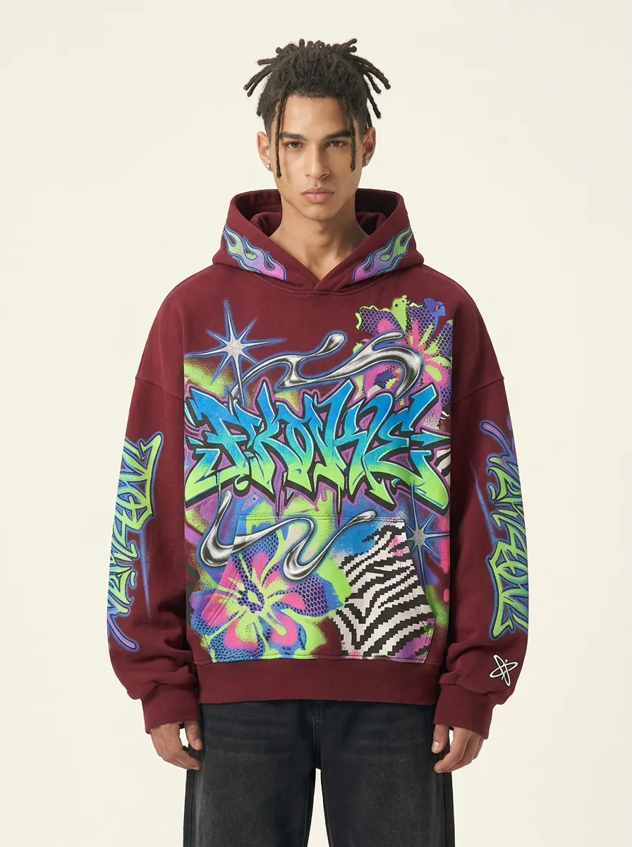Unisex Streetwear Graffiti Flower Print Oversized Graphic Hoodie
