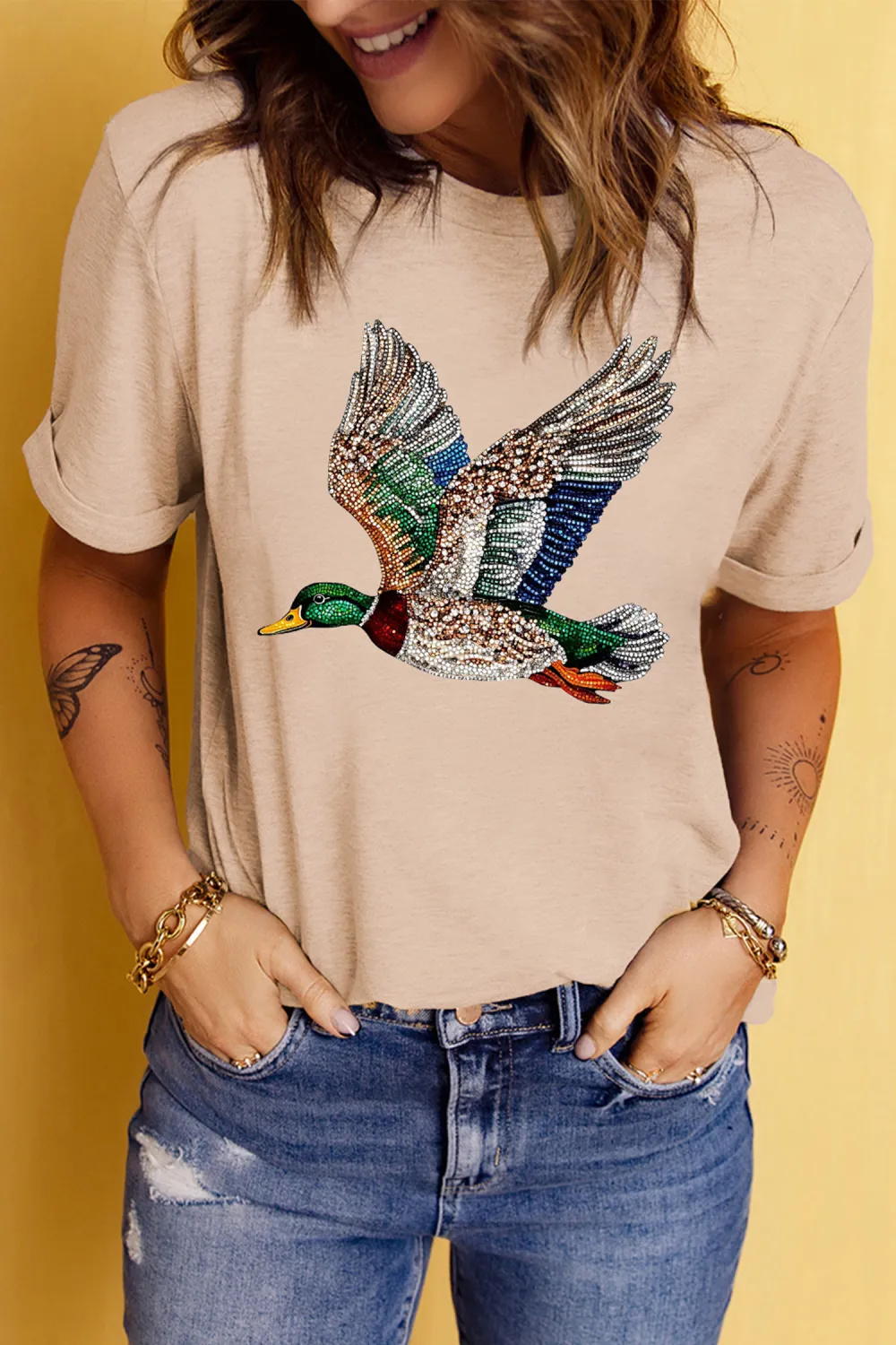 Khaki Flying Mallard Print Crew Tee