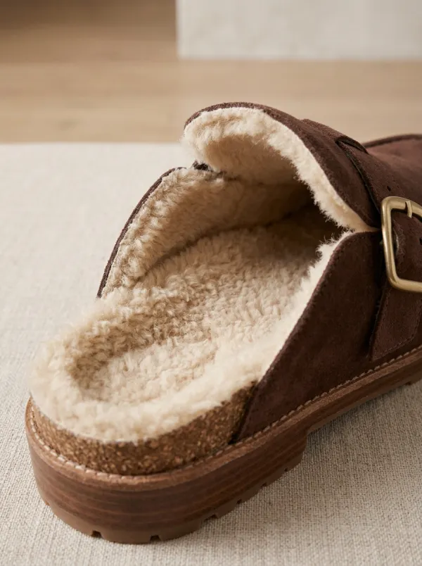 Women's Trail Faux Fur Lined Buckle Detail Clog Style Suede Wood Sole Loafers
