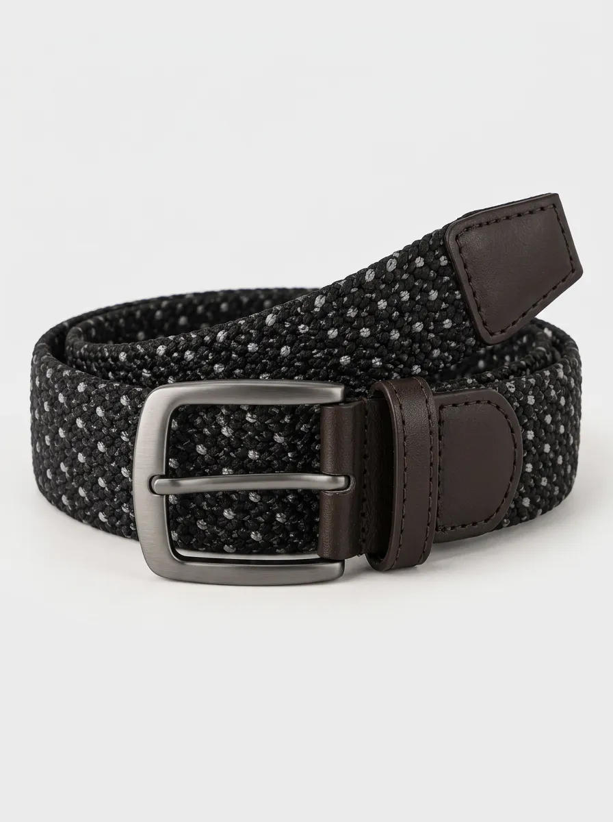 Men's Performance Casual Black Grey Speckled Stretch Woven Belt