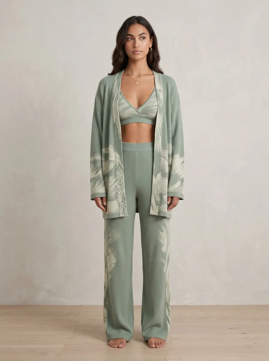 Abstract Wide Leg Cardigan Lounge Set