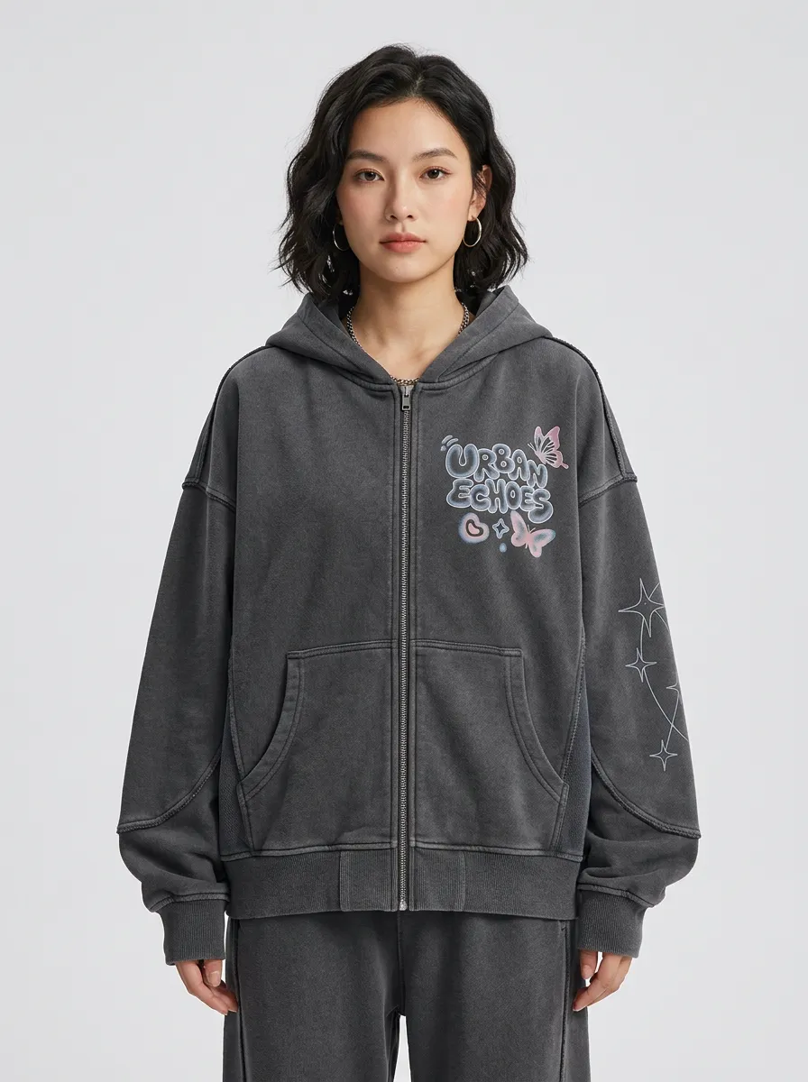 Women's Streetwear Urban Echoes Butterfly Star Printed Zip-up Hoodie