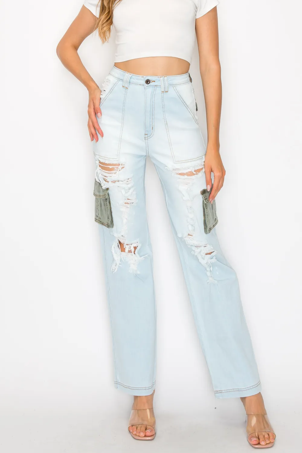 High-Rise Distressed Camouflage Cargo Jeans