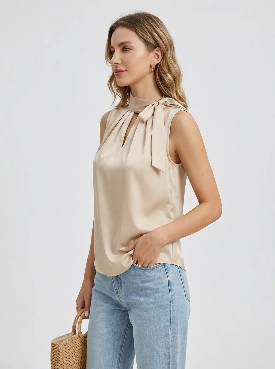 Satin Mock Neck Tie-Front Sleeveless Top