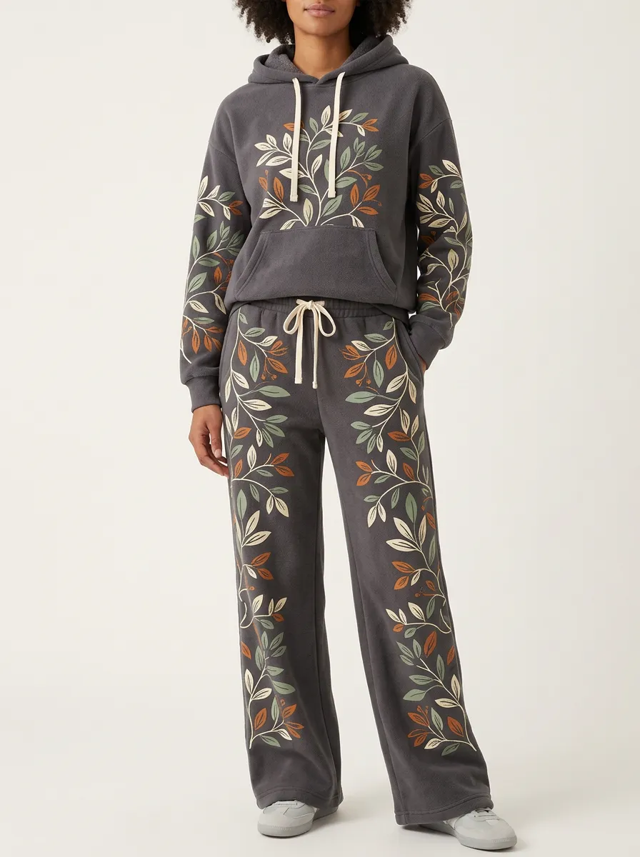 Women's Botanical Print Hoodie And Wide-Leg Lounge Set