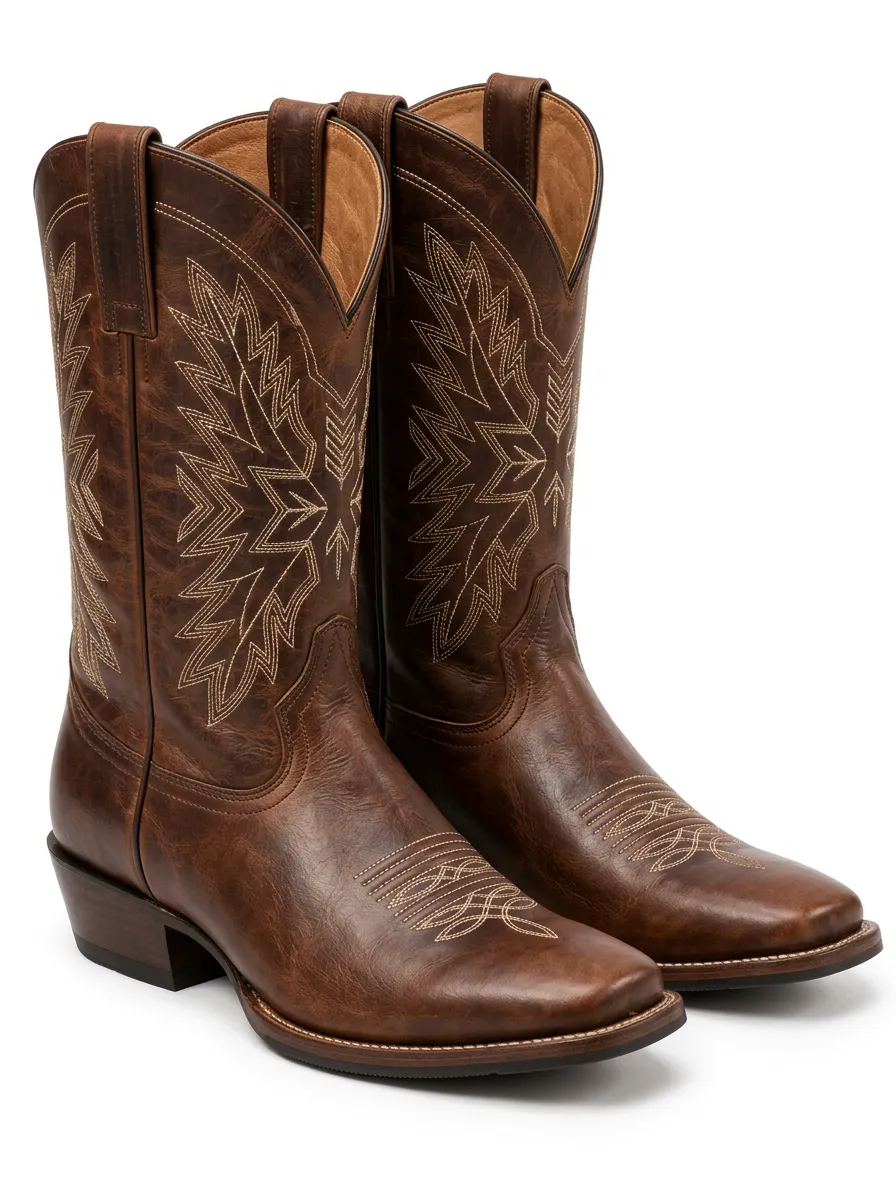 Men's Embroidered Brown Leather Western Boots