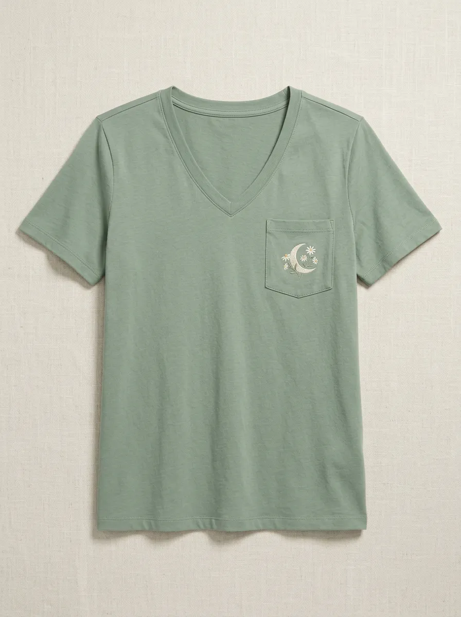 Women's Celestial Moon & Daisy Embroidered Pocket V-Neck T-Shirt