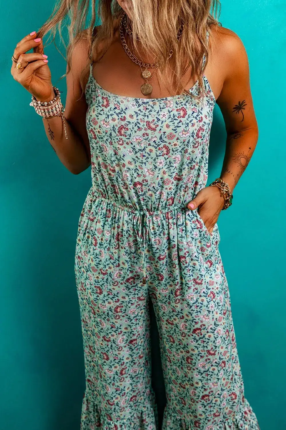 Bohemian Floral Ruffle Bottom Spaghetti Strap Accessory