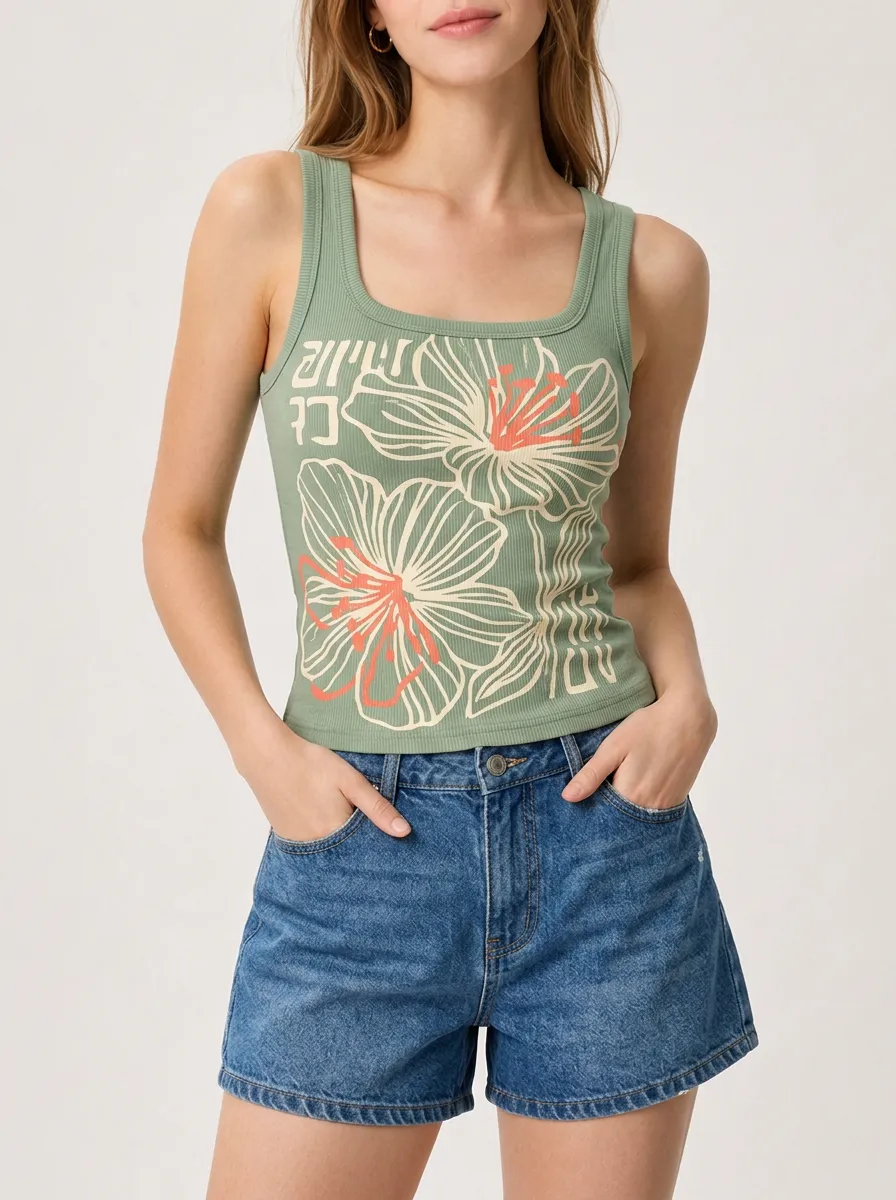 Women's Floral Aesthetic Hibiscus Printed Ribbed Tank Top