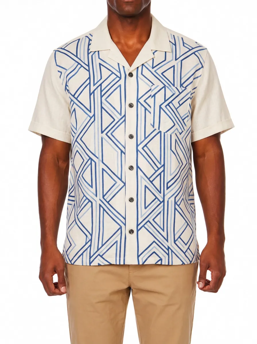 Men's Geometric Pattern Blue White Printed Camp Shirt