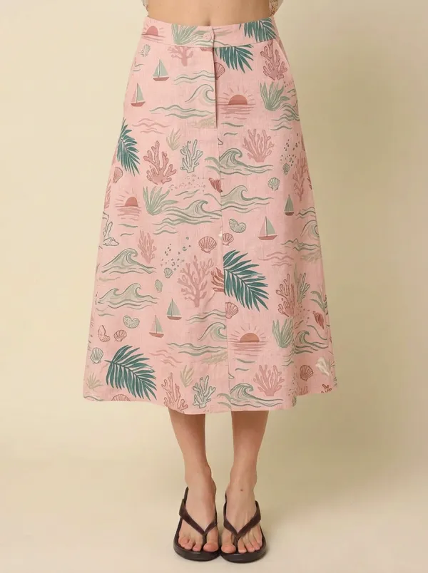 Women's Beach Vacation Ocean Coral Sailboat Printed Midi Skirt