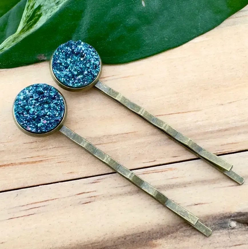 Teal Glitter Druzy Bobby Pins