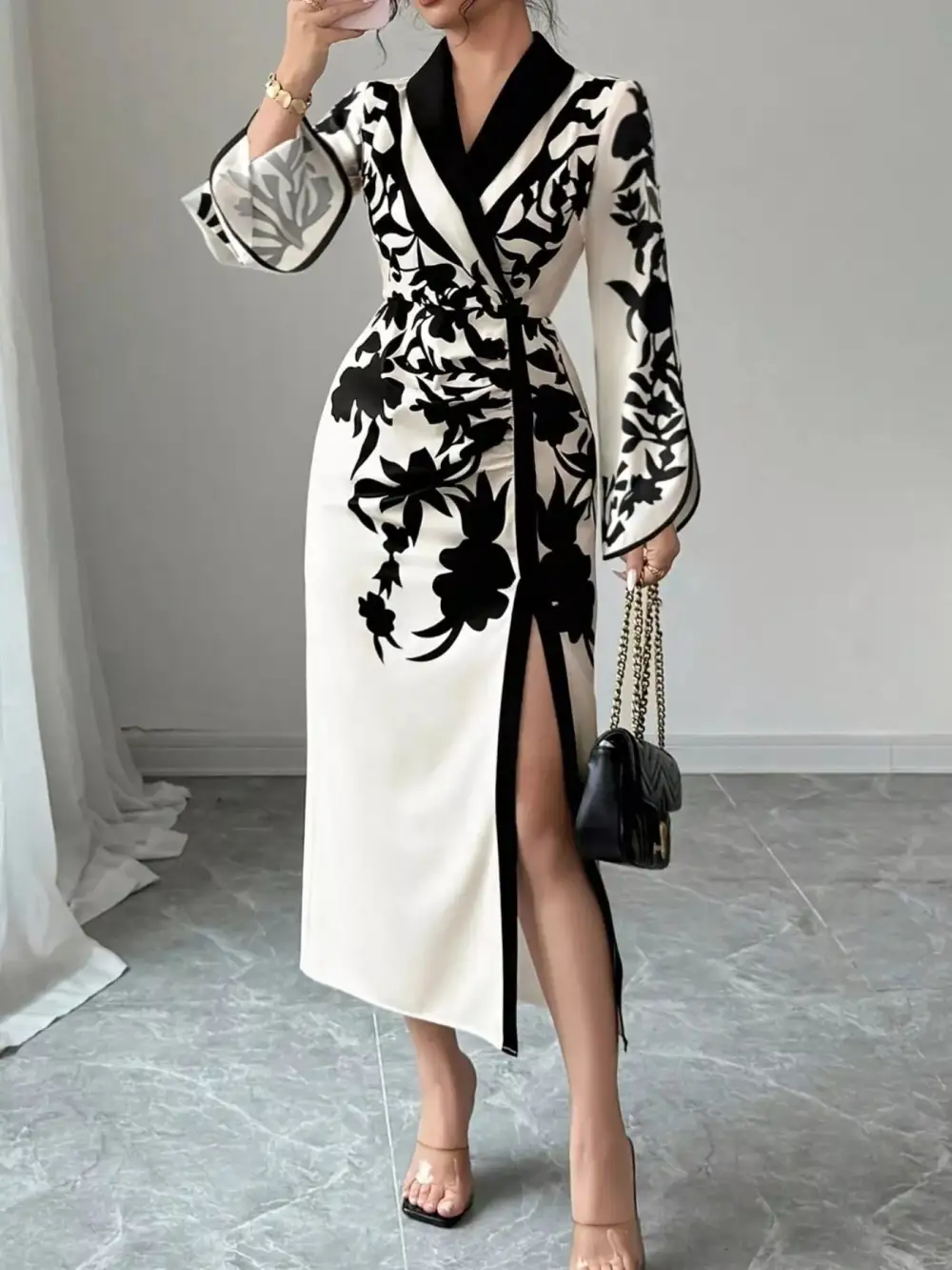 Wrap Slit Long Sleeve Midi Dress