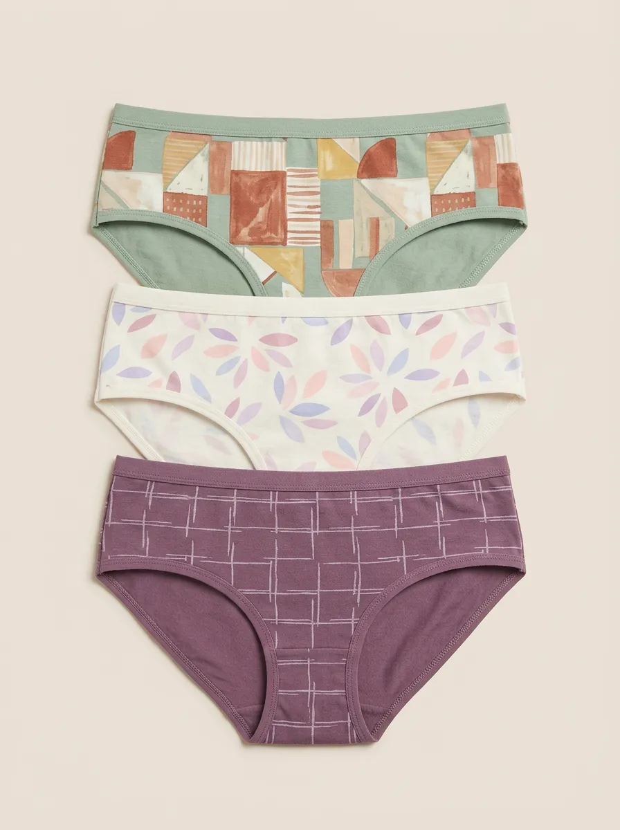 Women's Geometric Floral Grid Printed Three Pack Panties