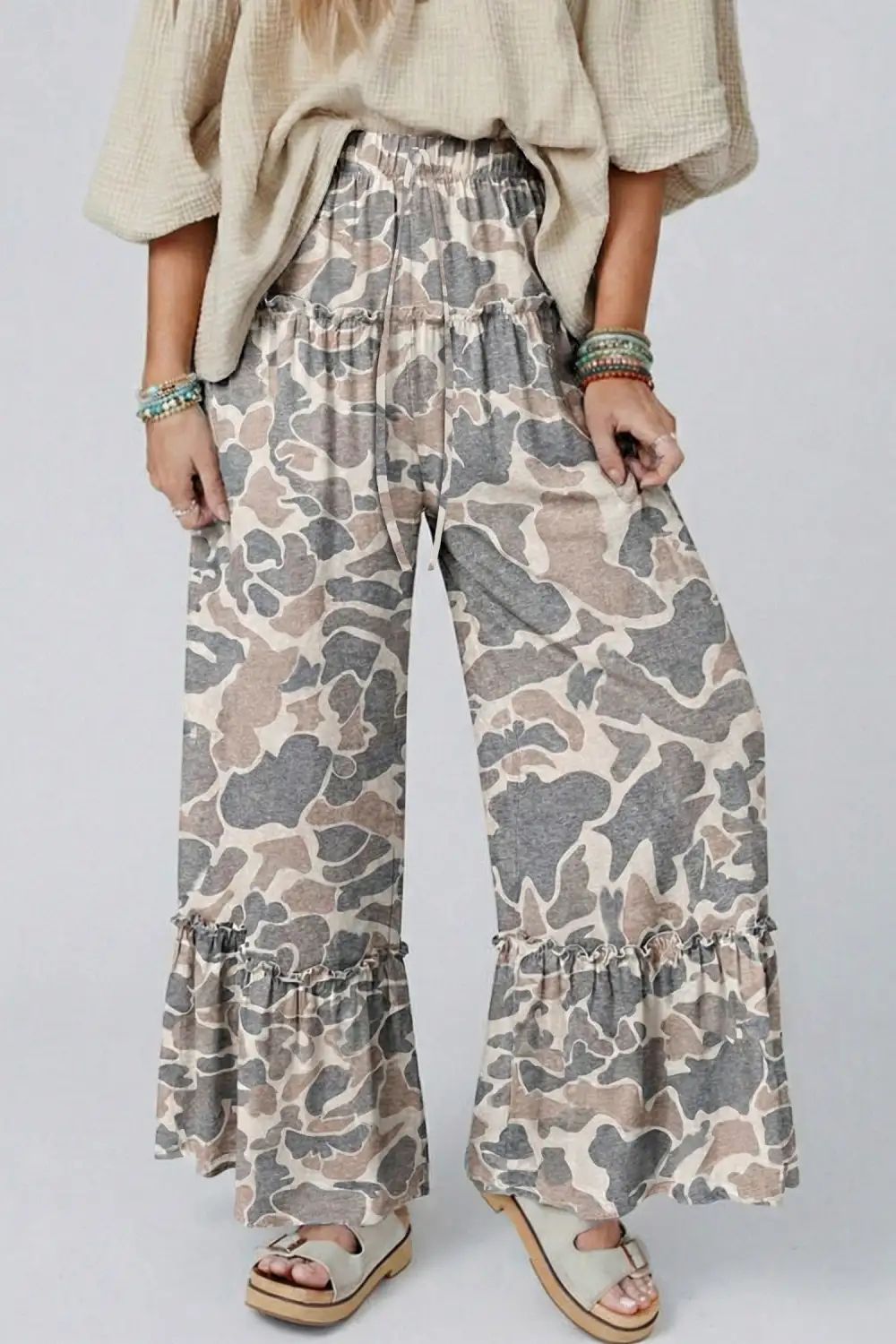 Camo Print Wide Leg Casual Trousers