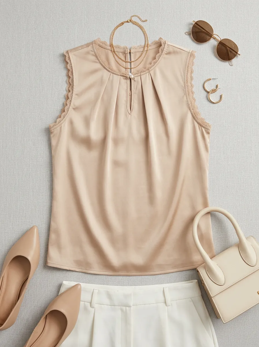 Lace Trim Pleated Satin Sleeveless Top