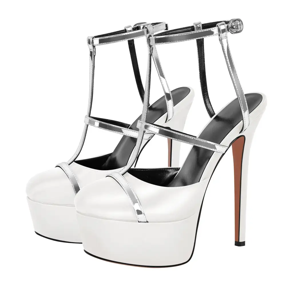Modern Round Toe Platform Stiletto Ankle Strap Pumps