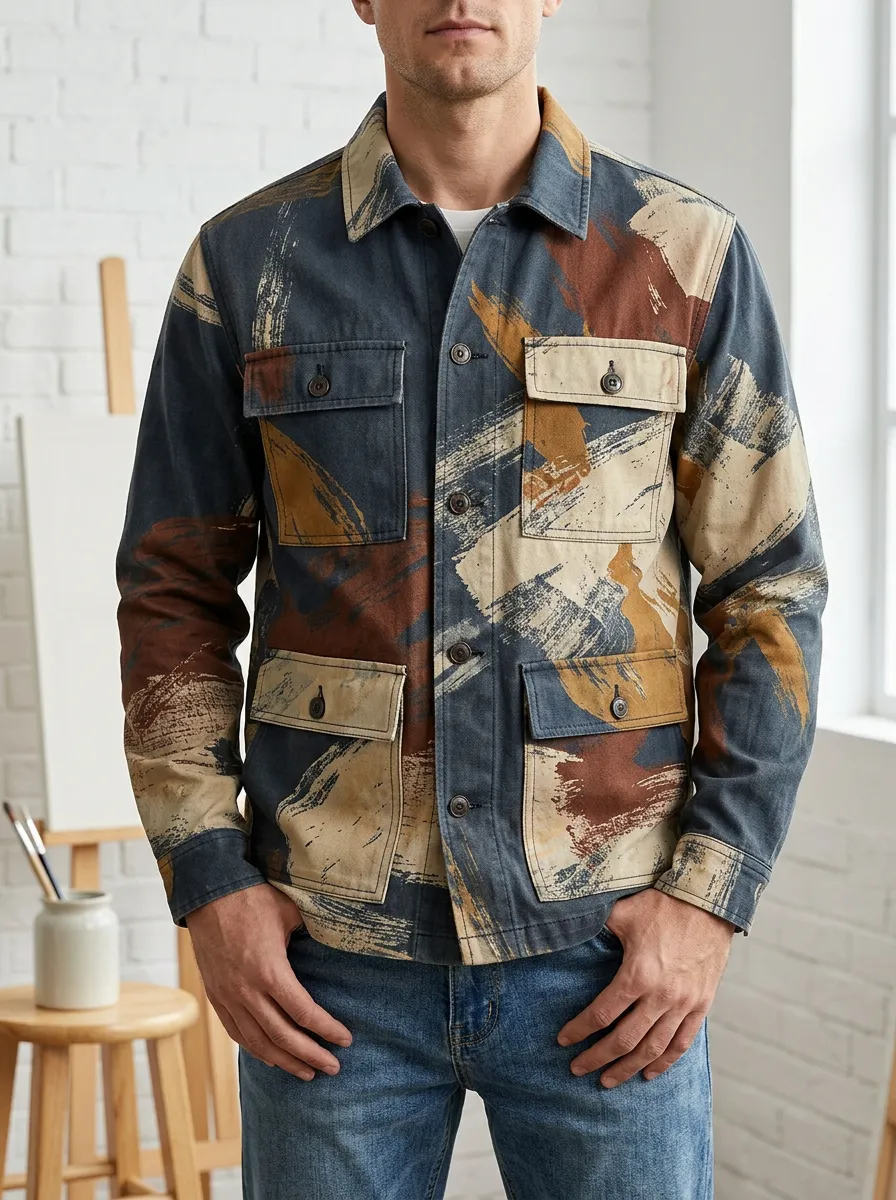 Men's Abstract Brushstroke Print Button Up Utility Jacket