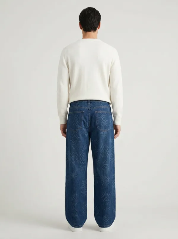 Men's Tribal Geometric Pattern Printed Wide Leg Jeans