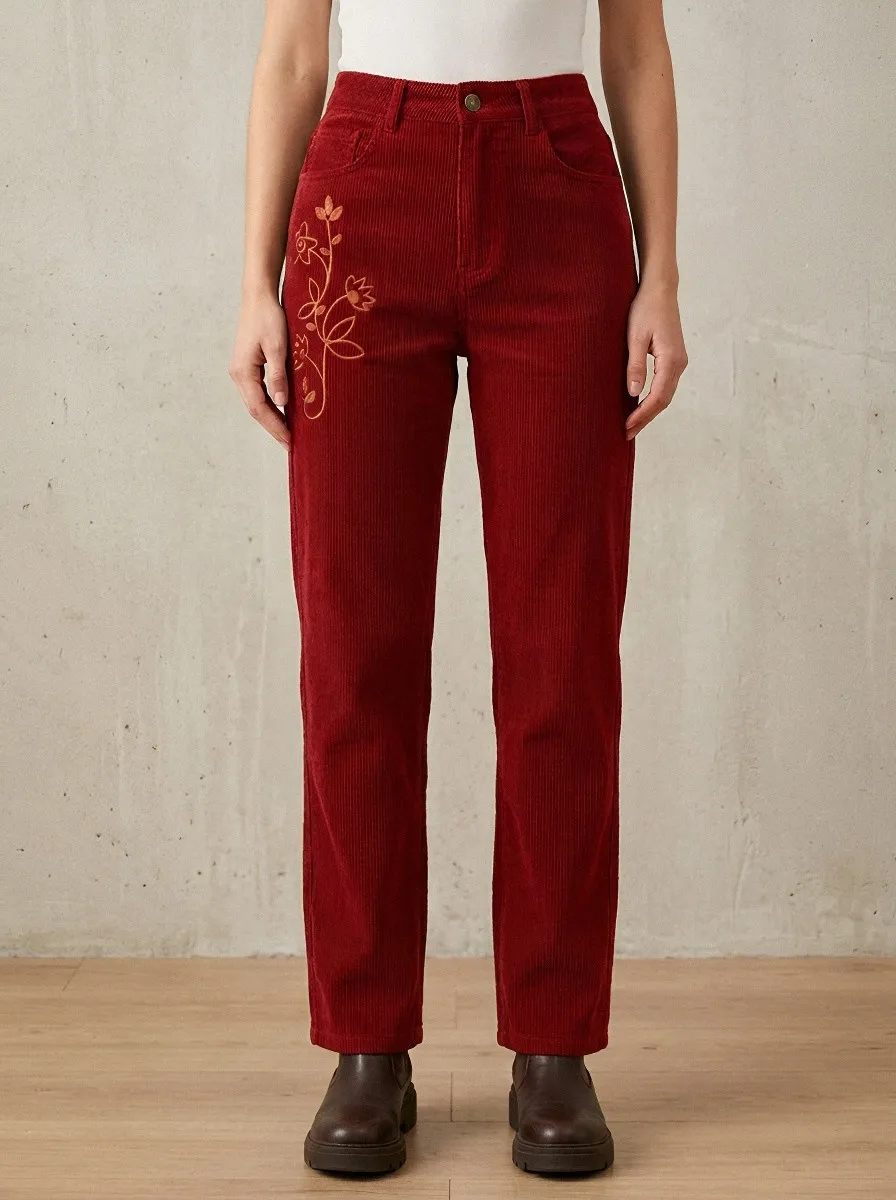 Women's Floral Nature Lover Brown Embroidered Corduroy Pants