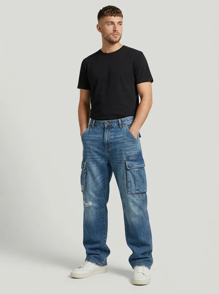 Men's Streetwear Distressed Denim Graphic Cargo Pants