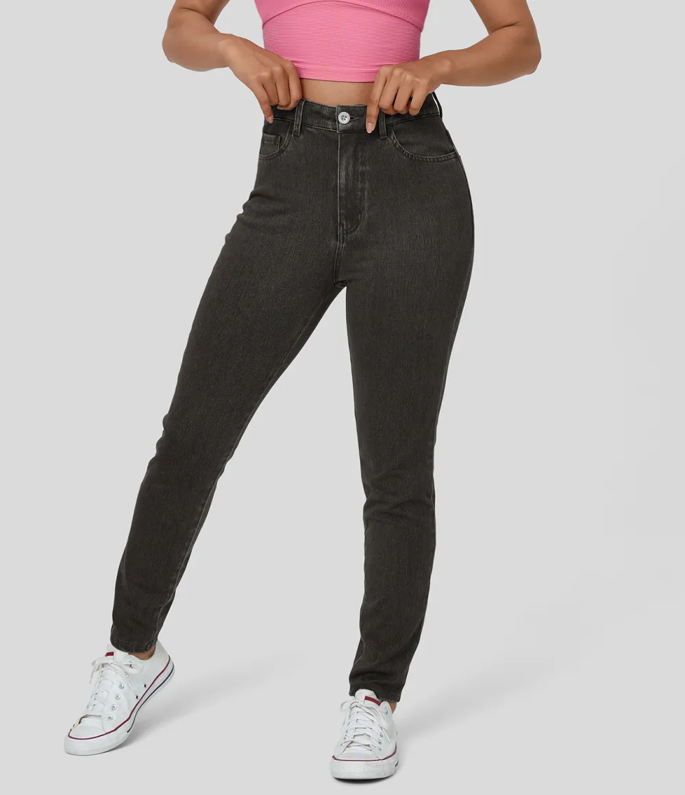 Magic High Waisted Button Zipper Multiple Pockets Stretchy Knit Casual Jeans
