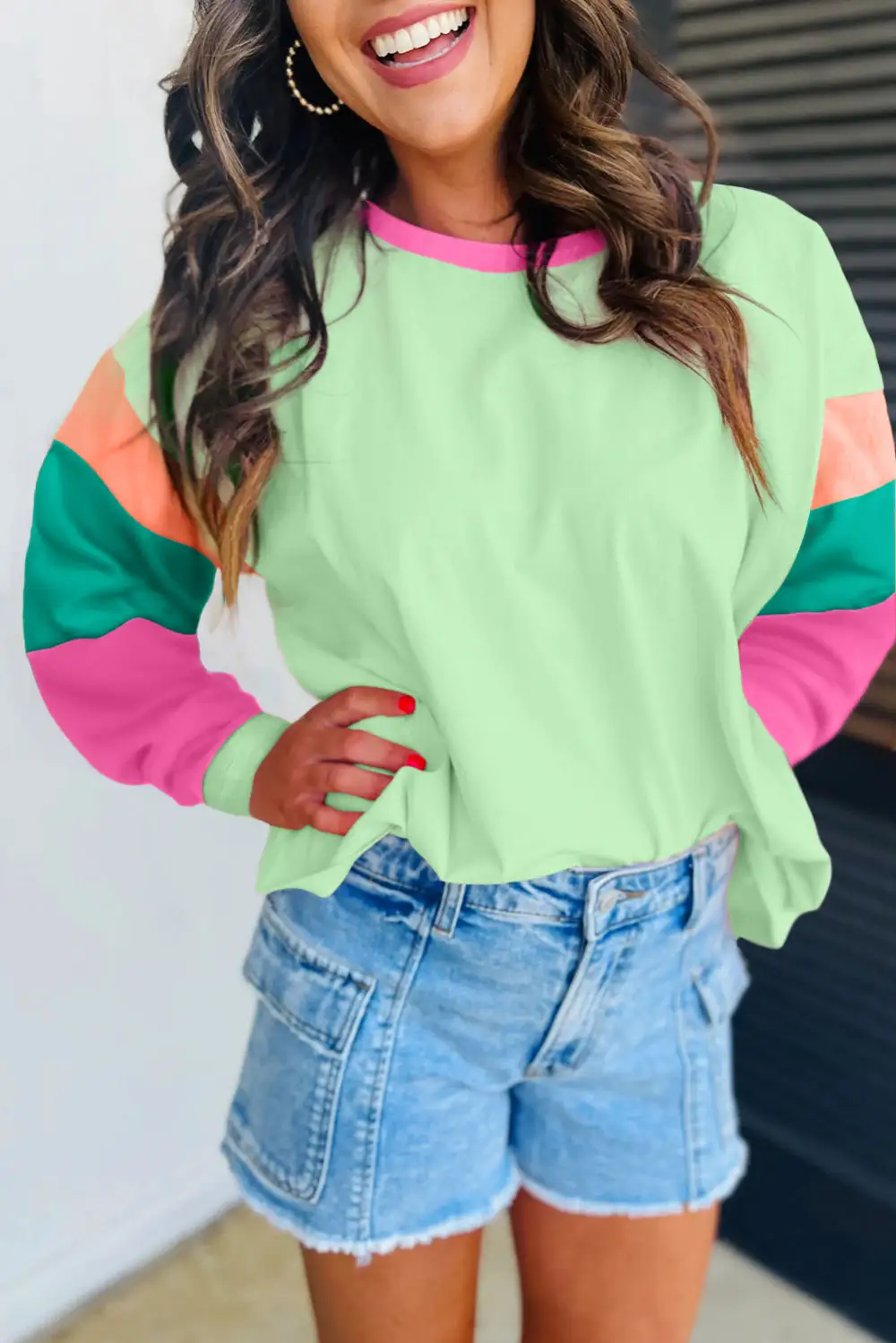 Color Block Crew Neck Relaxed Cotton Blend Long Sleeve Top